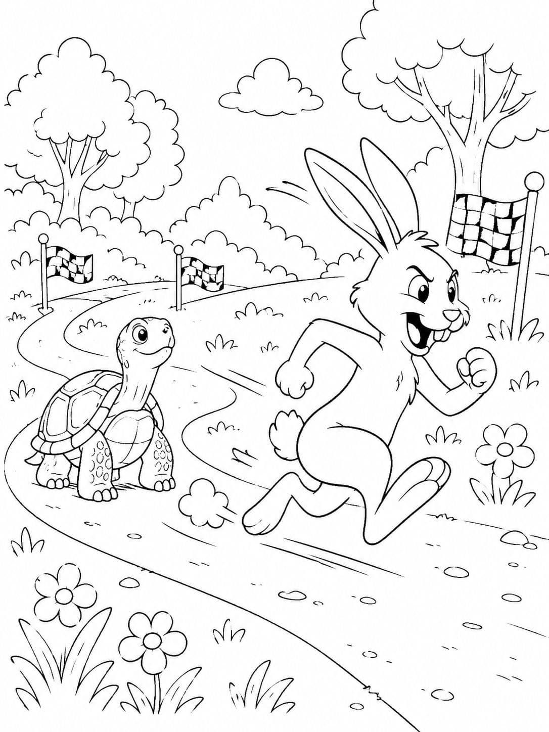 The hare bolts away the moment they start