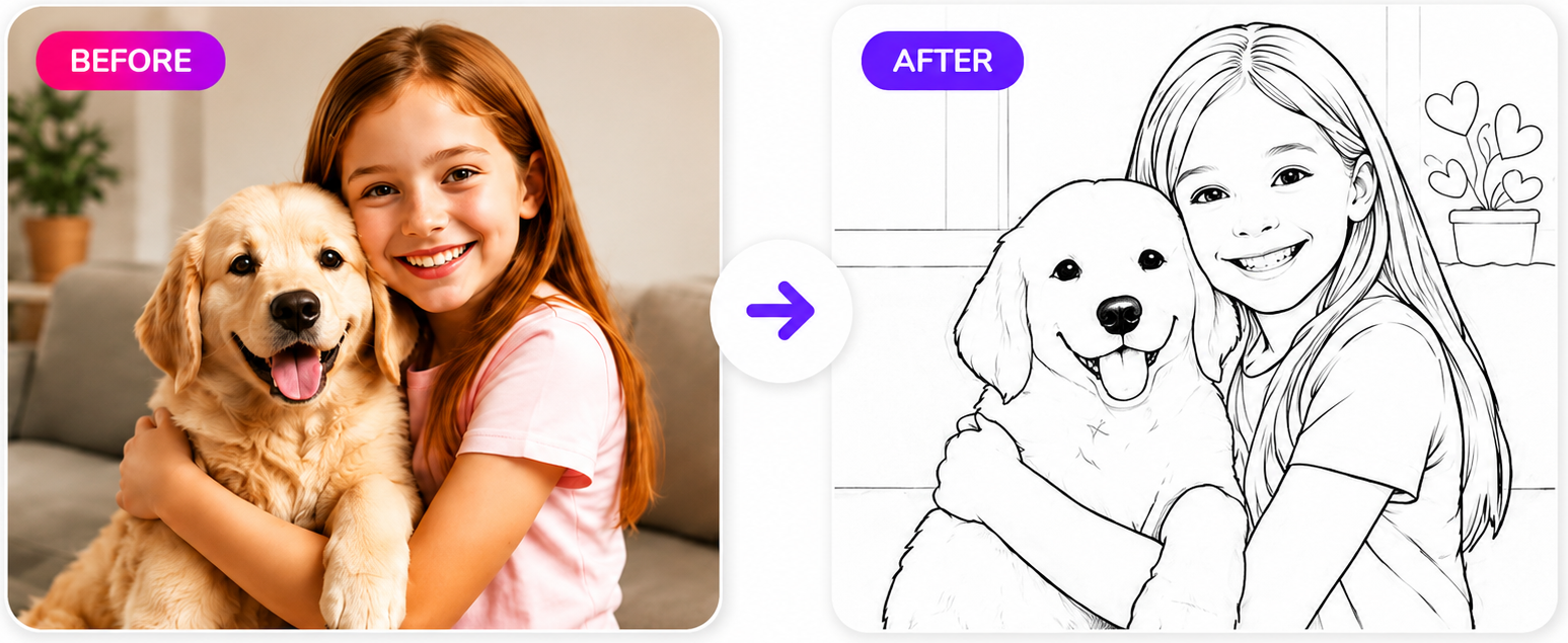 A photo of a girl hugging her dog, turned into a printable coloring page.